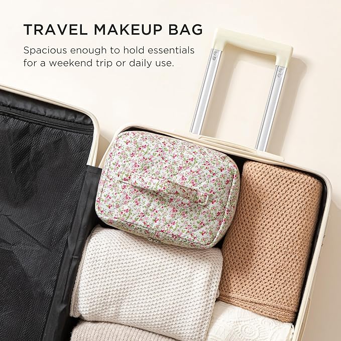 HBselect Christmas Gifts Large Quilted Makeup Bag, Cute Cotton Travel Makeup Bag with Handle, Portable Coquette Floral Make up Bags, Toiletry Organizer Make up Bags for Women Teen Girls Mom