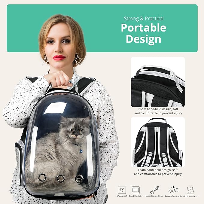 Cat Backpack Carrier with Collapsable Dog Bowl, Cat Collar & Interactive Cat Toy (4 Pcs Set)- Airline Approved Bubble Carrying Bag for Medium Dogs & Cats, Animal Carrier Backpacks, Pet Backpack |Black
