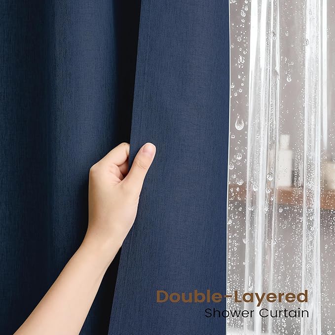 BTTN 3 in 1 Shower Curtain with Liner - 84 Inch Extra Long Linen Textured Fabric Shower Curtain Set with Plastic Hook, Tall Modern Heavy Duty Waterproof Shower Curtain for Bathroom, Navy Blue, 72x84