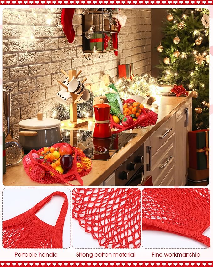 Eccliy 12 Pcs Reusable Mesh Grocery Bags Portable Cotton Produce Containers Washable Net Mesh Tote Bag Handle String Shopping(Red)