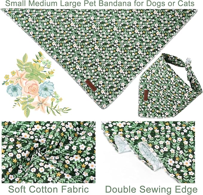 UP URARA PUP Summer Dog Bandana,Cute Pet Bandana with Flower Pattern,Adjustable Green Puppy Dog Bibs,Washable Triangle Dog Scarf for Boy,Girl Dogs or Cats…