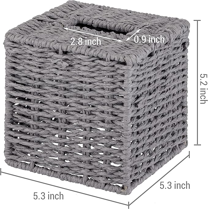 MyGift Gray Tissue Box Cover Square with Lid - Decorative Rattan Kleenex Holder, Woven Cube Tissue Holder for Bathroom Toilet Bedroom Living Room Kitchen Table Desk Office Car