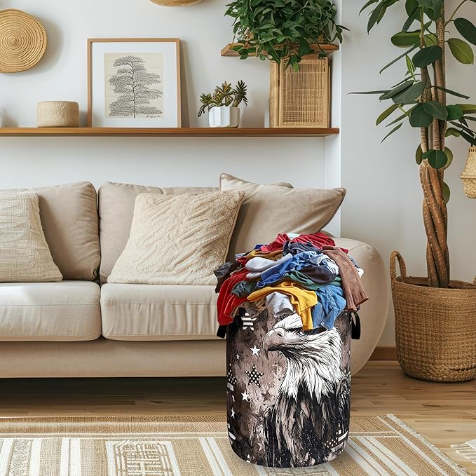 Vintage American Flag Eagle Laundry Basket Oxford Cloth Patriotic Funny Laundry Hamper With Handle Portable Clothes Storage Basket Foldable Laundry Bag 18.9"x16.5" For Laundry Room/Bedroom/Bathrooms