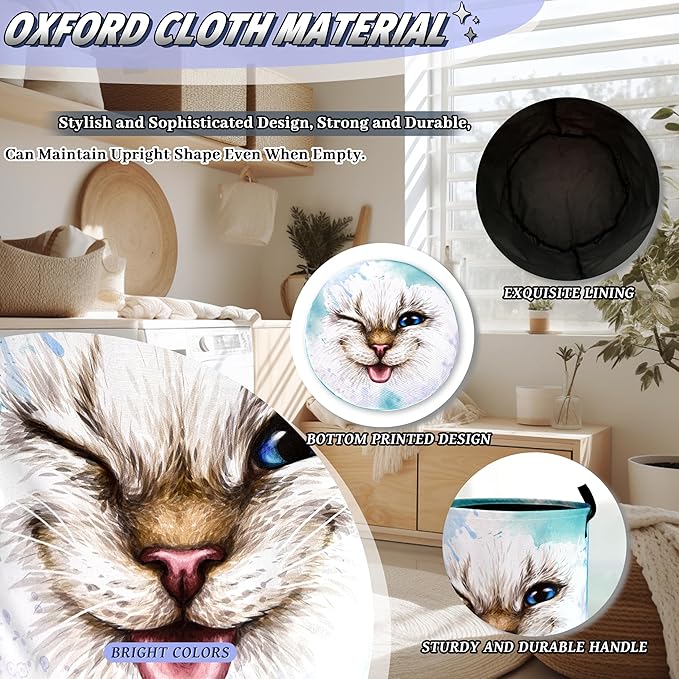 Cute Cat Laundry Hamper Foldable Oxford Cloth Funny Animal Cats Laundry Basket With Handle Portable Clothes Storage Basket Laundry Bag 18.9"x16.5" For Laundry Room/Bedroom/Bathrooms