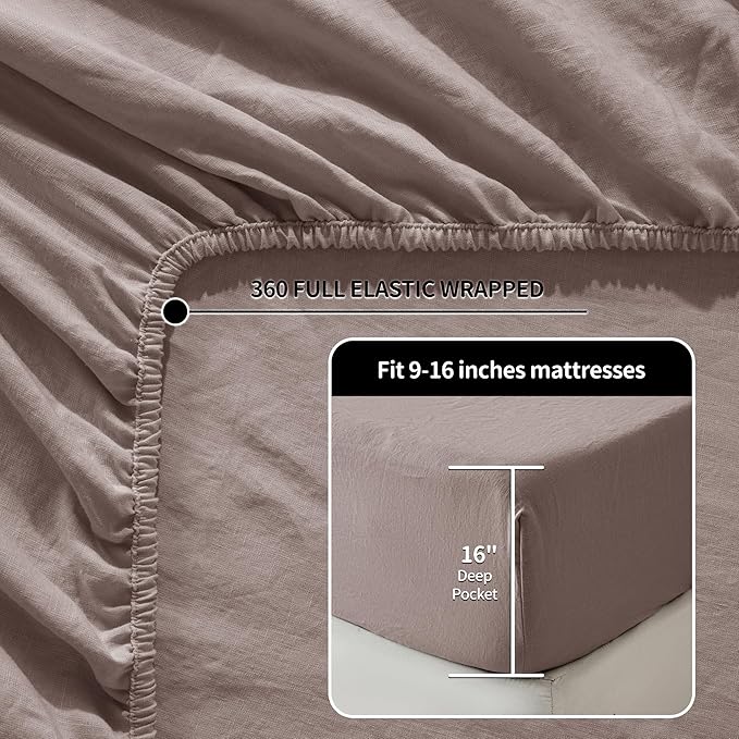 LBRO2M 100% Linen Sheet Set 16" Deep Pocket California King Size,Bed Sheets 4 Piece Sets,Solid Color Natural Flax Bed Sheets Soft Breathable Bedding,All Season (Clifornia King, Mauve Desert)