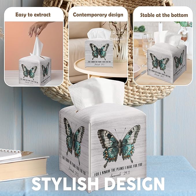 Butterfly Decorative Tissue Box Cover Square, Wood Pattern Leather Tissue Box Cover Holder, Bible Verse Inspirational Gift Ideas for Friends, Bathroom Office Desk Decor-(5.2 Inches)