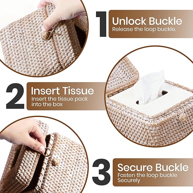 Whitewash Rattan Tissue Box Cover – 5.5x5.5x5.9 Inch - Stylish Handwoven Tissue Holder with Lid - Ideal for Bathroom Vanity, Bedroom, or Living Room Home Accent