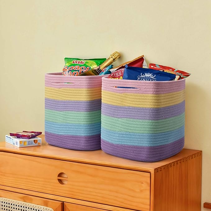 Gocjuaza 3 Pack Storage Cubes 11 Inch Cotton Rope Woven Baskets for Organizing Cube Bin Square Shelves Organizer,Classroom,Kids Toy Bins,Closet,Baby Nursery(Light Rainbow)