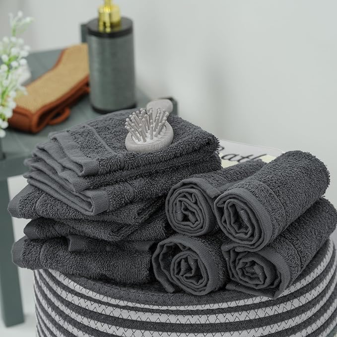 Tens Towels Pack of 12 Washcloths, 12 x 12 Inches, Lighter Weight, Quick to Dry, Super Soft & Absorbent, Gentle Face Towels, Hotel Quality, Perfect for Bathroom, Gym, Spa (Dark Grey, 12 Pack)