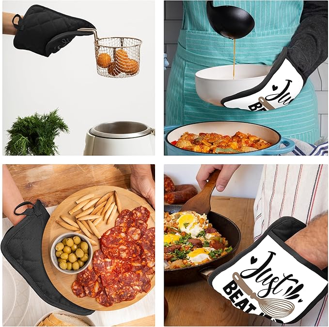 Funny Pot Holders with Pockets, Just Beat It Funny Baking Gifts Pot Holders Heat Resistant Oven Mitts Hot Pads for Kitchen Baking Cooking, Gifts for Baker,Potholders for Kitchens
