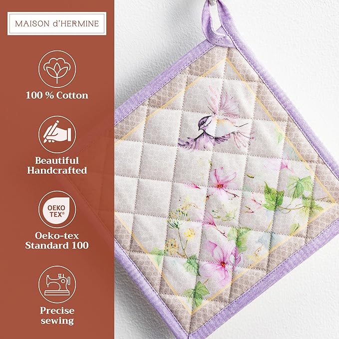 Maison d' Hermine Pot Holders Set 100% Cotton Heat Resistant Potholders 8" x 8" Hot Pads with Loop BBQ, Cooking, Grilling, Kitchen, Handling Hot Pans Spring/Summer (Pack of 2, Magnolia Mornings)