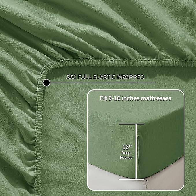 LBRO2M 100% Linen Sheet Set Full Size,Bed Sheets 4 Piece Sets,Solid Color Natural Flax Bed Sheets Soft Breathable Bedding,16" Deep Pocket,All Season (Full, Green)