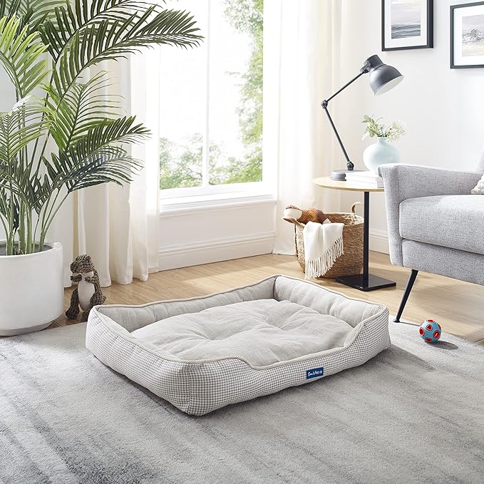 Sam's Pets Arlo Orthopedic Brown Plaid Dog Bed with Soft Fabric, Easy Cleaning, Non-Slip Grip, Modern Design, Large