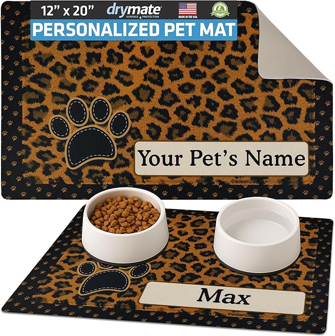 Drymate Personalized Pet Bowl Placemat, Custom Dog & Cat Food Feeding Mat - Absorbent Fabric, Waterproof Backing - Machine Washable/Durable (USA Made) (12" x 20") (Leopard Tan)