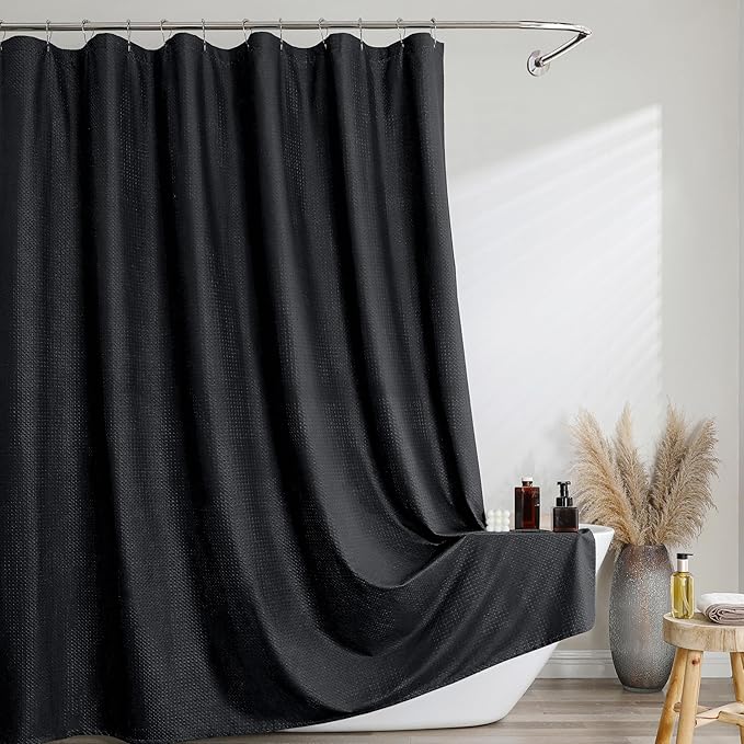 Ebesto Extra Long Black Shower Curtain 96 Inch Long 1 Piece, Waffle Embossed Textured Fabric Shower Curtain for Bathroom Large Hotel, Water Resistant, Machine Washable, 72Wx96L Inches