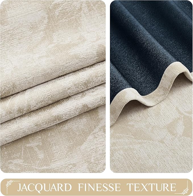 Beauoop Beige Floral Jacquard Blackout Curtains 84 Inches Long 2 Panels for Bedroom Living Room Flower Chenille Room Darkening Thermal Insulated Soundproof Grommet Window Treatments Drapes 52x84x2