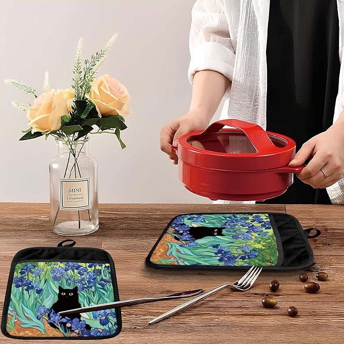 Irises Floral Black Cat Pot Holders with Pockets, Cat Kitchen Decor, Whimsical Flower Field Black Kitten Oven Pot Holders Heat Resistant Oven Mitts Hot Pads for Kitchen Baking Cooking