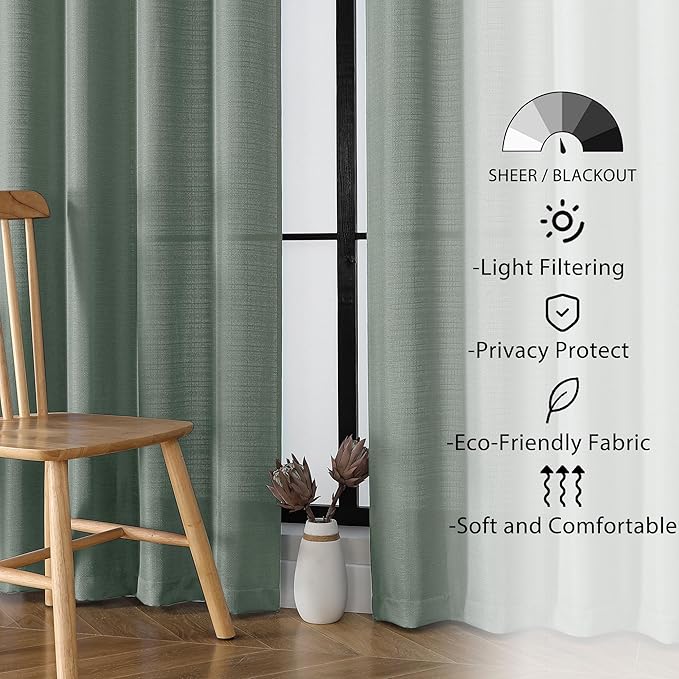 Lecloud Bessie Sage Green Curtains 96 Inches Long 2 Panels Set, Light Filtering Breathable Faux Linen Textured Curtains, Window Drapes with Rod Pocket for Living Room, Each 40 W x 96 L