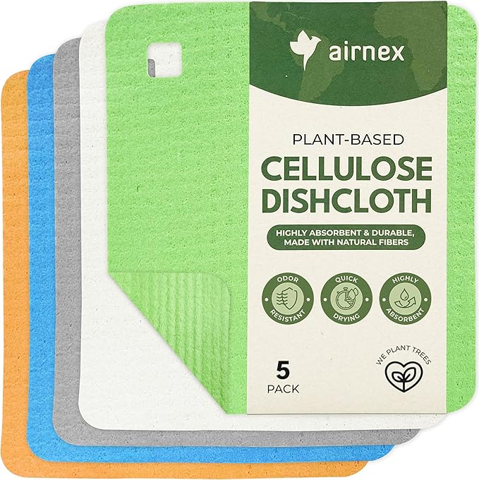AIRNEX 5 Pack Cellulose Swedish Dishcloths for Kitchen - Eco-Concious Reusable Dish Towels & Cloths - Super Absorbent, Odor Resistant and Fast Drying Wash Cloths for Dishes & Surfaces