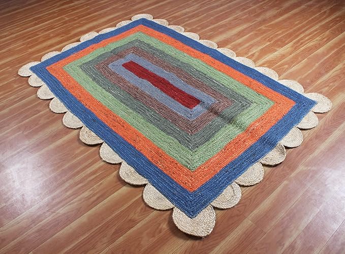 Scalloped Edge Rug, Hand Woven Natural Jute Area Rug, 4x8 Ft Beige & Multicolor Braided Sisal Kilim Rugs for Living Room, Kitchen, Entryway, Farmhouse