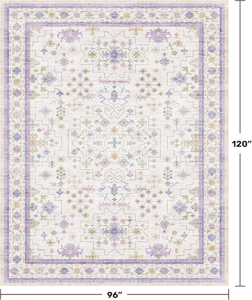 8x10 Large Lavender Rug for Bedroom, Floral Area Rug for Living Room, Dinning Room Under Table, Cute Fantasy Décor, Non Slip Low Pile Stain Resistant Washable Foldable Carpet