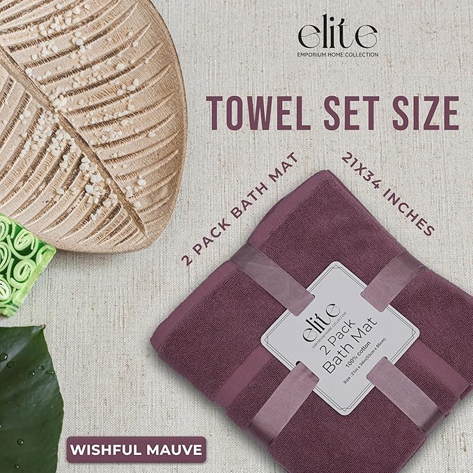ELITE Emporium Home Collection 2-Piece Cotton Bathroom Mat Set, 21" x 34" - 100% Cotton, Absorbent, Quick-Dry, Bath Towel Mats for Floor, Wishful Mauve [Not a Bathroom Rug]