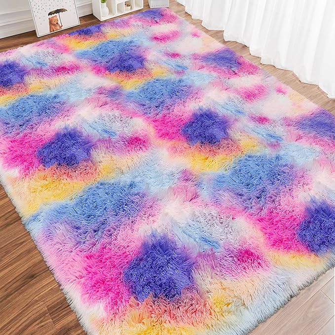 Large Hot Pink Rainbow Area Rug for Kids Room 8x10 Ft, Soft Plush Fluffy Princess Unicorn Rugs for Girls Bedroom, Cute Shaggy Colorful Carpet for Kids Teens Nursery Toddler Decor Aesthetic