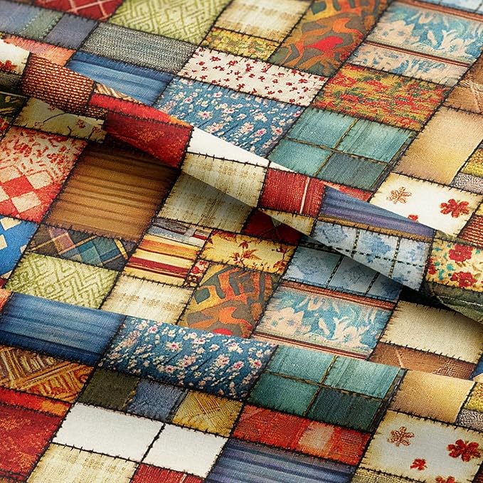 Patchwork Cotton Fabric Panel 61 x 36.6 Inches, Vintage Rustic Quilt Squares Design, 100% Cotton 140 GSM, Sewing Quilting Craft Fabric