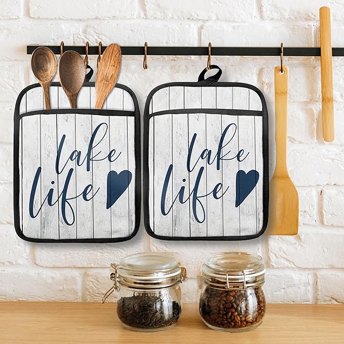 Lake Life Gifts Pot Holders with Pockets, Lake Life House Gifts for Women Oven Pot Holders Heat Resistant Oven Mitts Hot Pads for Kitchen Baking Cooking