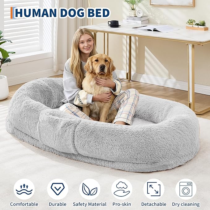 Festisoul Large Plush Dog Bed with Raised Headrest, Orthopedic Pet Bed for Dogs & Cats, Washable Fleece Pet Bed for Large Breeds, White Grey (19x14x9 Inches)