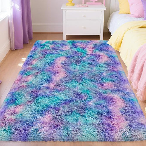 4x6ft Tie-Dyed Purple Rainbow Carpet Soft Area Rugs for Girls Room, Fluffy Colorful Rug Cute Floor Carpets Shaggy Playing Mat for Kids Baby Girls Bedroom Nursery Home Decor
