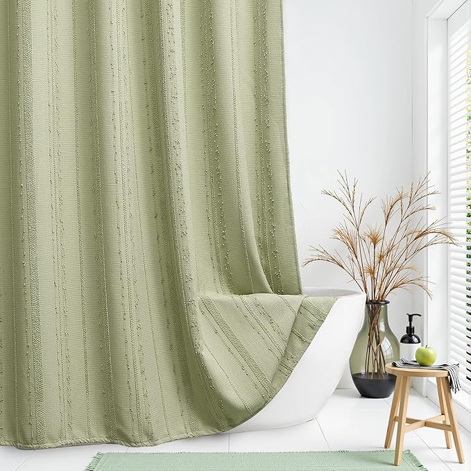 Lameirose Sage Green Shower Curtain Boho, Cotton Blend Waffle Shower Curtain Farmhouse, Fabric Shower Curtains for Bathroom, Hotel, Washable 72 x 72