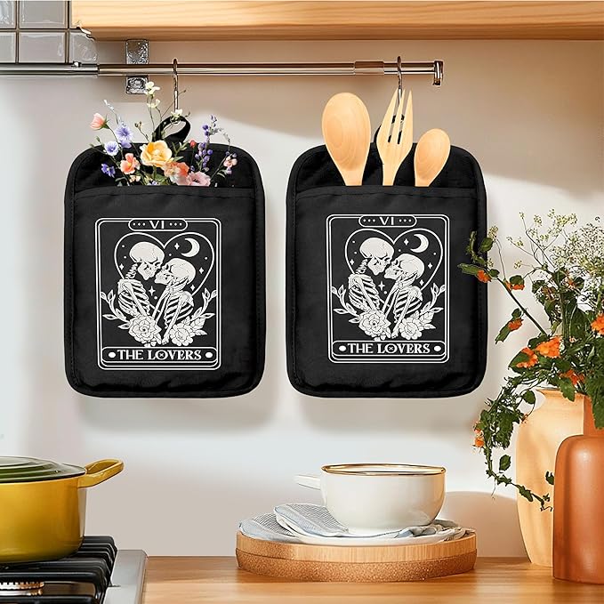 Gothic Couple Skeleton Oven Mitts Set, Couple Gifts for Him and Her, The Lovers Tarot Card Goth Heat Resistant Kitchen Oven Gloves for Baking and Cooking,Pot Holders