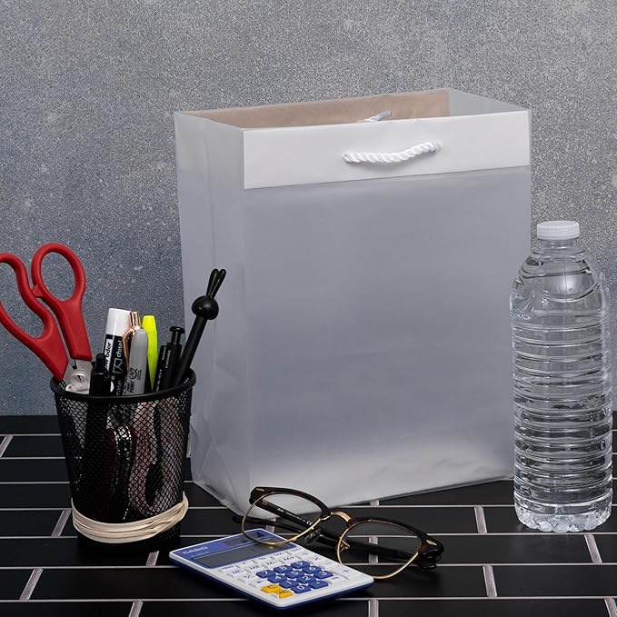 Prime Line Packaging Frosted White Gift Bags, Reusable Shopping Bags with Rope Handles for Retail, Merchandise, Small Business, Boutiques, Bulk, 8x4x10, 100 Pack