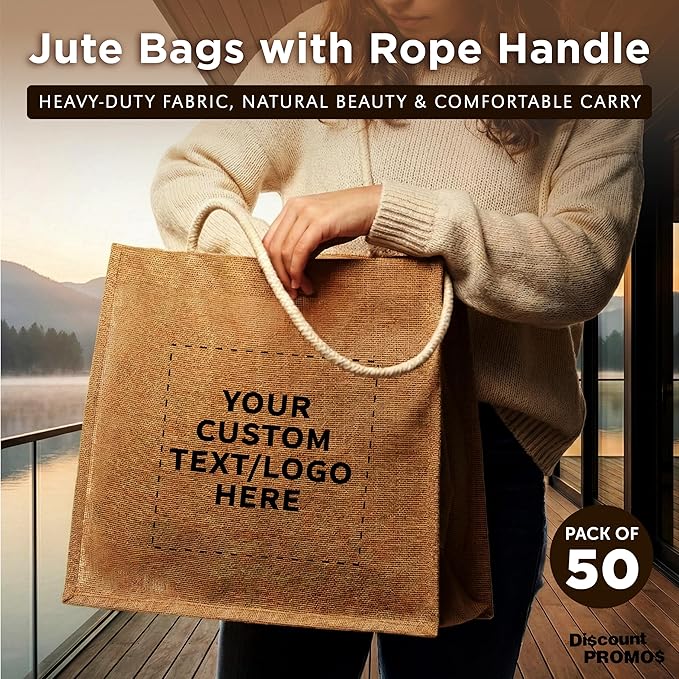 DISCOUNT PROMOS Custom Jute Bags with Rope Handle Set of 50, Personalized Bulk Pack - Reusable, Great for Shopping, Grocery, Promotional or Tradeshow - Natural