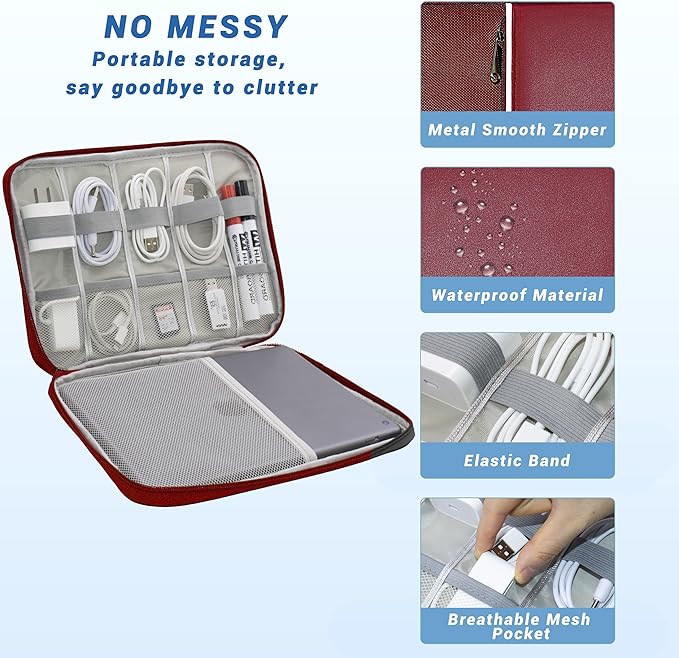 Miavers Electronics Organizer,Travel Cord Organizer Pouch, Portable Cable Organizer Bags, Waterproof Electronic Accessories Storage Case for Cables, Cords, Charger, Phone (Single Layer-Large-Winered)