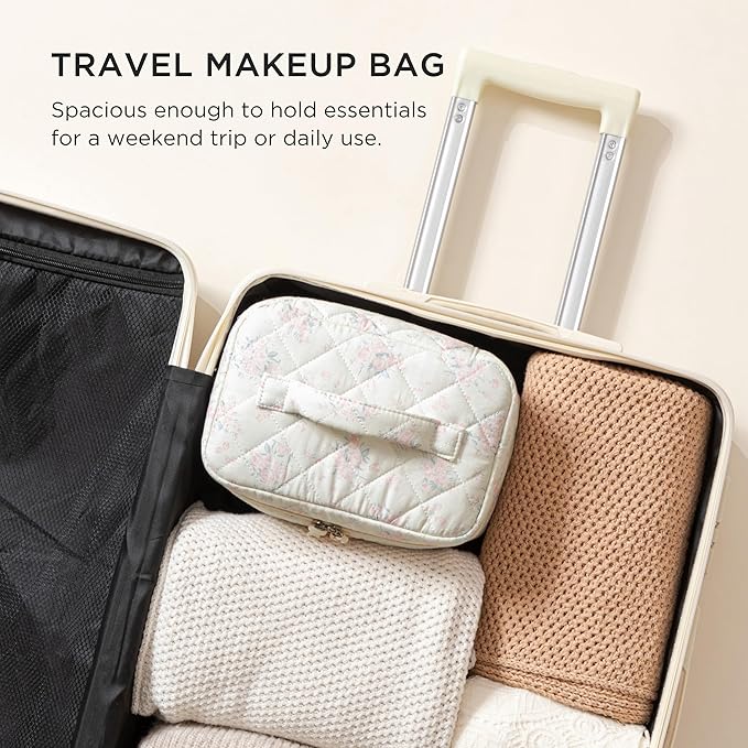 HBselect Christmas Gifts Large Quilted Makeup Bag, Cute Cotton Travel Makeup Bag with Handle, Portable Coquette Floral Make up Bags, Toiletry Organizer Make up Bags for Women Teen Girls Mom