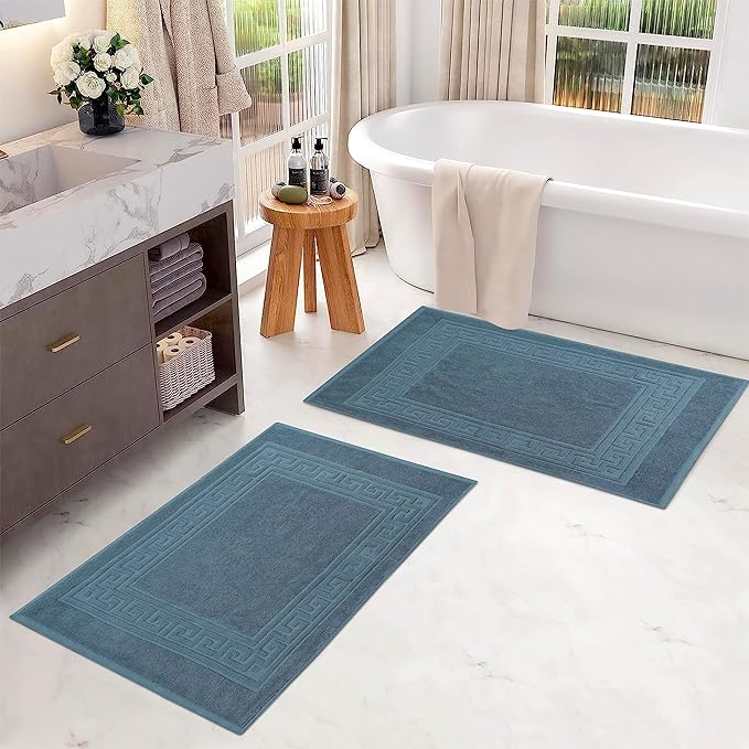 Superior Heavyweight Cotton Bath Mats, 2-Piece Rugs For Bathroom Accessories, Washable Rug For Shower, Toilet, Modern Decor, No Backing, Luxury Hotel And Spa Quality, Set of 2, 22" x 35", Sapphire