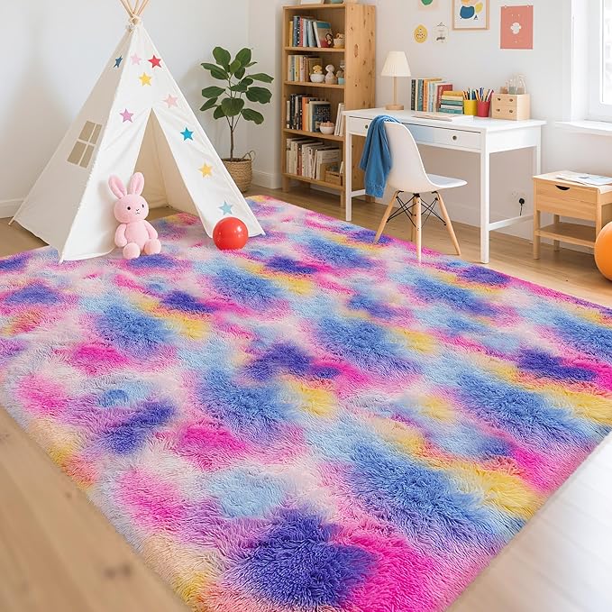 Large Hot Pink Rainbow Area Rug for Kids Room 8x10 Ft, Soft Plush Fluffy Princess Unicorn Rugs for Girls Bedroom, Cute Shaggy Colorful Carpet for Kids Teens Nursery Toddler Decor Aesthetic