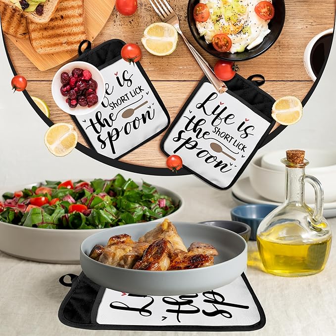 Funny Pot Holders with Pockets, Life is Short Lick The Spoon Funny Kitchen Gifts Pot Holders Heat Resistant Oven Mitts Hot Pads for Kitchen Baking Cooking,Potholders for Kitchens