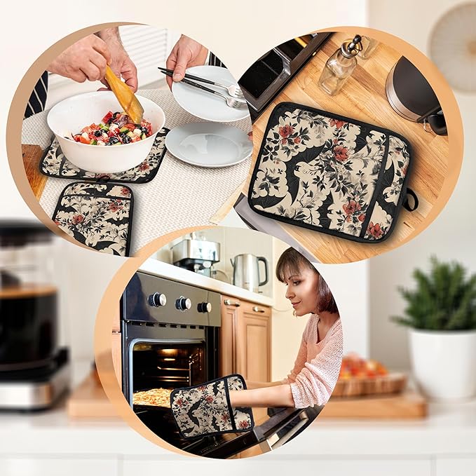 Gothic Halloween Bat Floral Pot Holders with Pockets, Vintage Dark Cottagecore Halloween Oven Pot Holders Heat Resistant Oven Mitts Hot Pads for Kitchen Baking Cooking, Set of 2