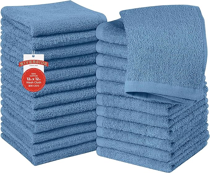 RIVERSIDE 24 Pack Washcloths Set - 100% Cotton [12x12 Inches] - 500 GSM, Soft, Quick-Dry & Highly Absorbent Face Towels - Perfect for Bathroom, Gym, Hotel, Spa & Travel - Electric Blue