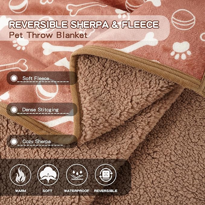 CAPT.SNOOZE Waterproof Dog Blankets Pet Blanket 50"x60", Soft Fluffy Sofa Car Bed Protector, Reversible Sherpa Fleece Dog Blanket for Small Medium Large Dogs Cats (Light Brown-Baseball)