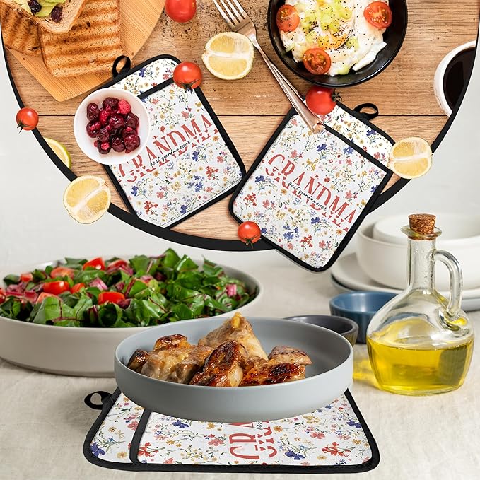 Grandma Gifts Floral Pot Holders, Mother's Day Birthday Gifts for Grandma from Grandkids Grandsons Granddaughters Canvas Pot Holders for Women,Potholders for Kitchens