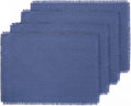 Solino Home Fringe Linen Placemats Set of 4 - Vintage Blue Placemats 14 x 19 Inch - 100% Pure Linen Table Mats for Winter, Spring, Easter