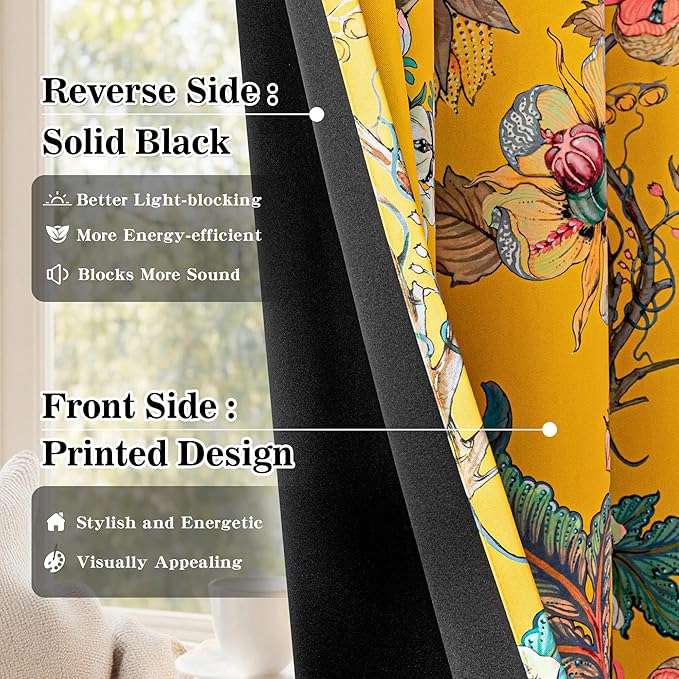 MYSKY HOME Floral Blackout Curtains 95 inches Length Black Out Thermal Insulated Privacy Protect Vintage Spring Window Treatment Grommet Top for Living Room Dining Room, 2 Panels, 52" x 95", Yellow