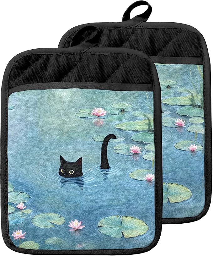 Black Cat in Water Lily Pond Pot Holders with Pockets, Cat Kitchen Decor, Mystical Black Kitten Kitty Oven Pot Holders Heat Resistant Oven Mitts Hot Pads for Kitchen Baking Cooking