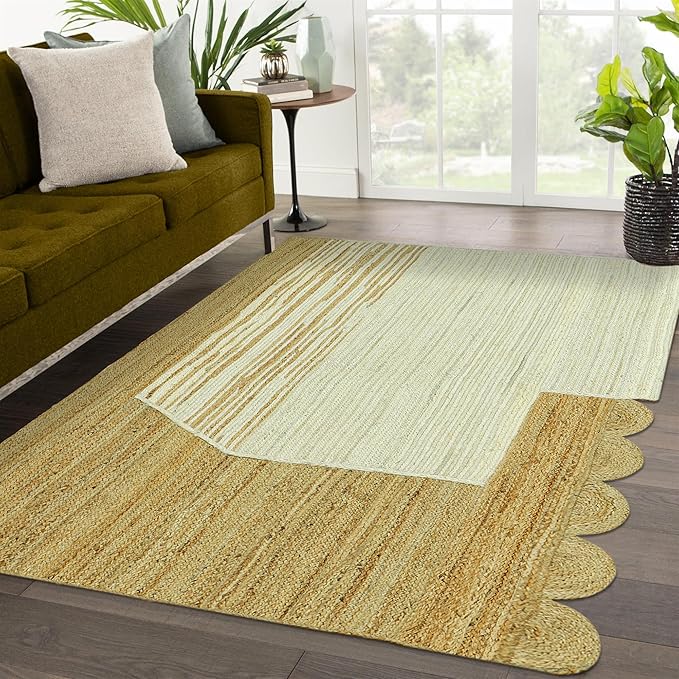 Scalloped Edge Rug, Hand Woven Natural Jute Area Rug, 9x15 Ft Beige & Brown Braided Sisal Kilim Rugs for Living Room, Kitchen, Entryway, Farmhouse