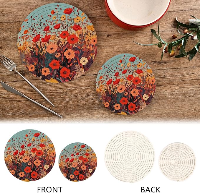 Autumn Poppy Flower Trivets for Hot Dishes Pots and Pans Potholders Woven Trivet Cotton Round Large Pot Holder Decor Heat Resistant Hot Pads Mat for Table Counter Cooking Potholder Set of 2