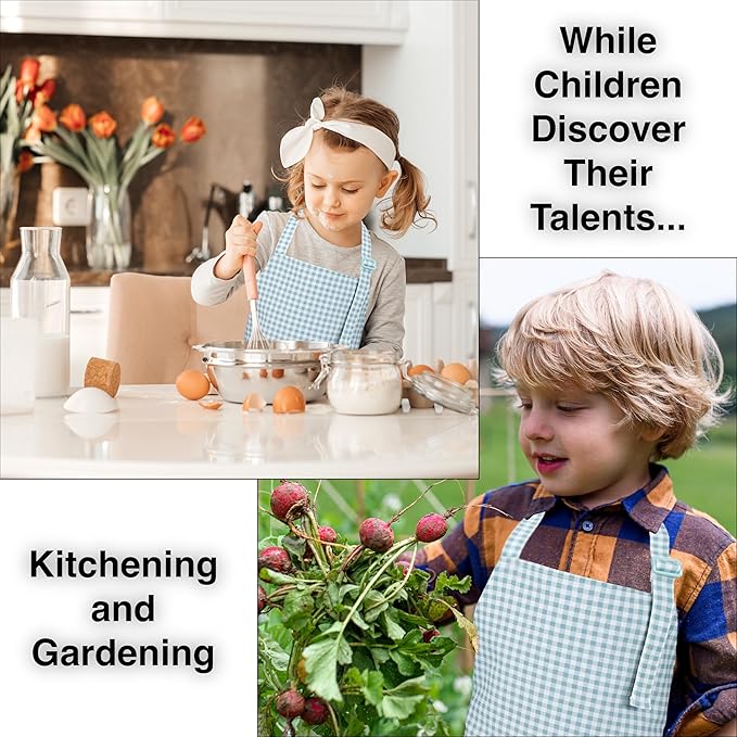 Kids Aprons for Cooking Waterdrop Resistant Aprons for Girl & Boy Toddler Apron for Painting, Gardening, Baking, Smock (Plaid Water Green, Medium (6-10 years)